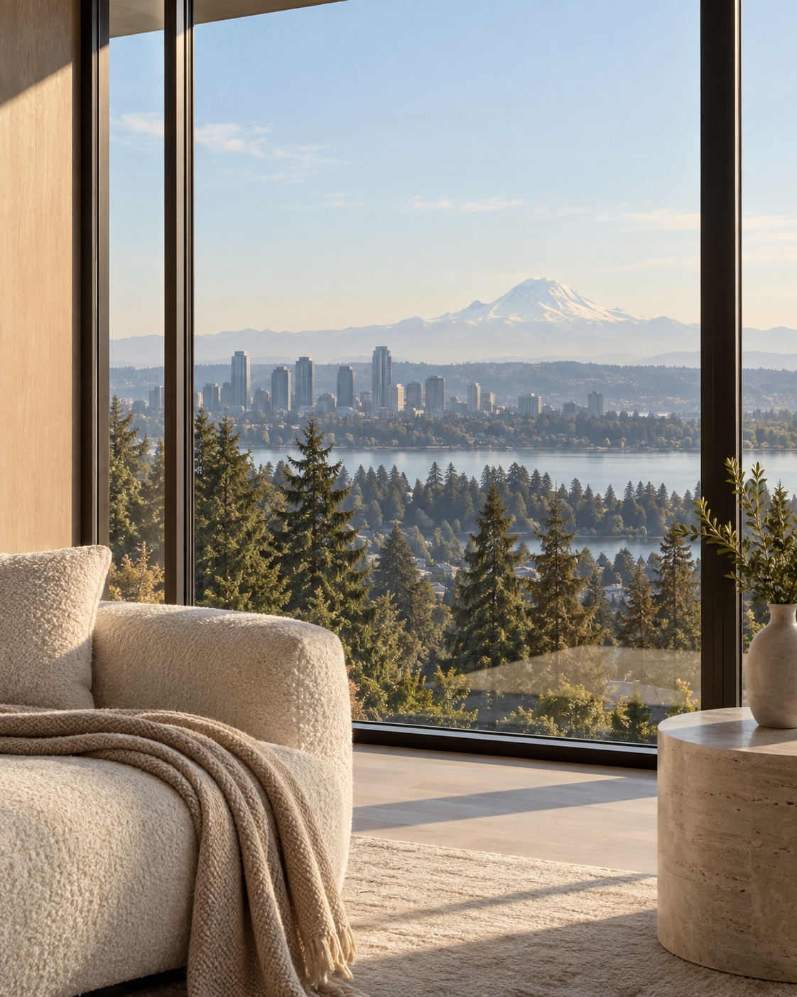 Serene luxury living room overlooking the Pacific Northwest and Mount Rainier